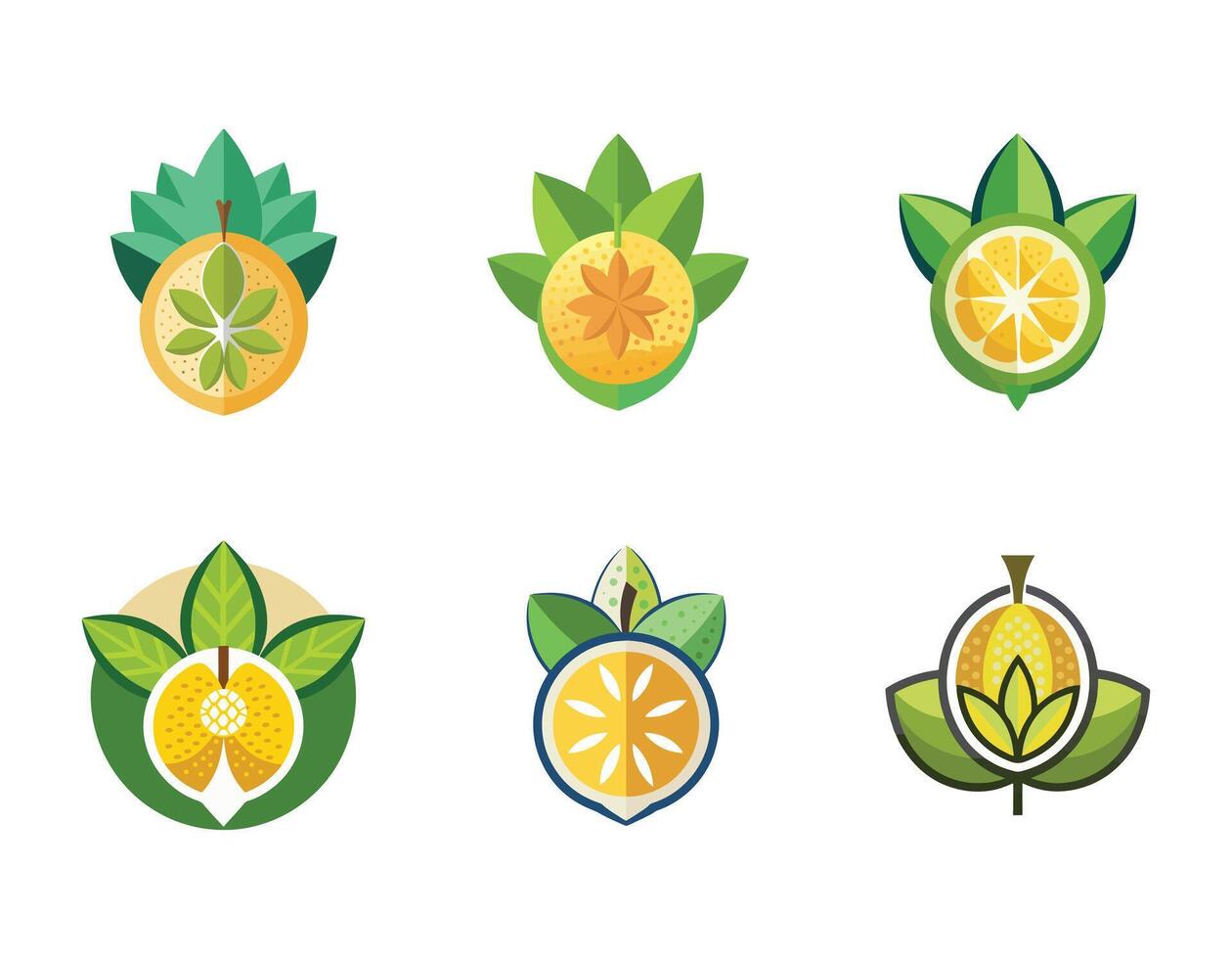 Six Vibrant Citrus Fruit Icons Flat Design, Green Leaves, Fresh Summer Mood, Perfect for Branding vector