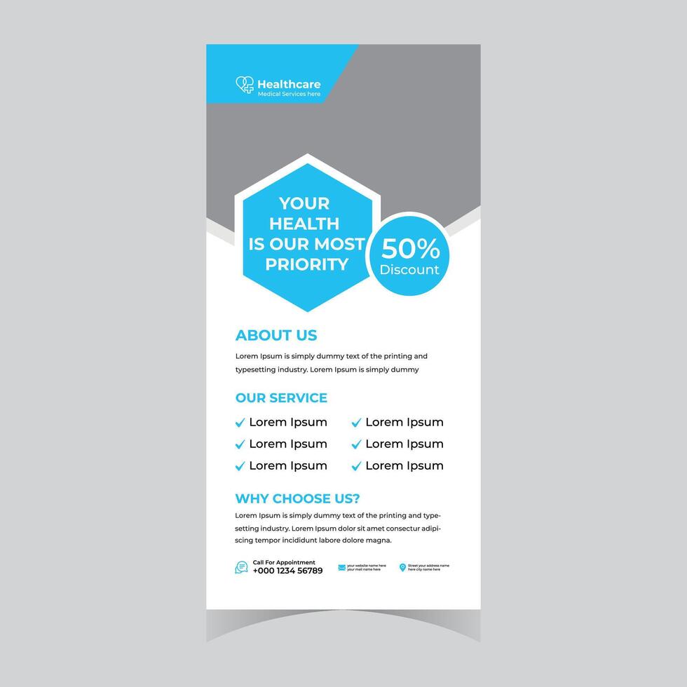 Modern Healthcare Flyer Template 50 Discount on Medical Services, Promoting Health Priority with Clean Design and Blue Accents vector