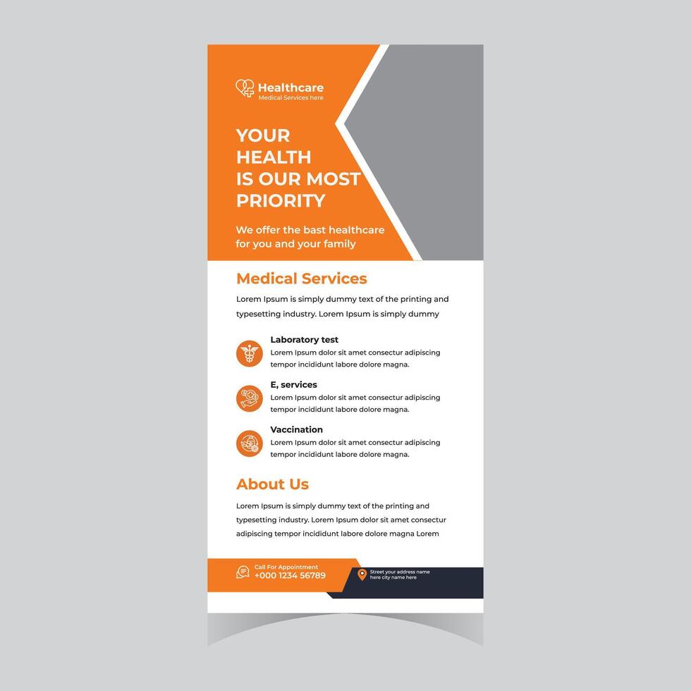 Professional Healthcare Flyer Design Promoting Medical Services with a Modern, Orange and Gray Theme for Family Wellness vector