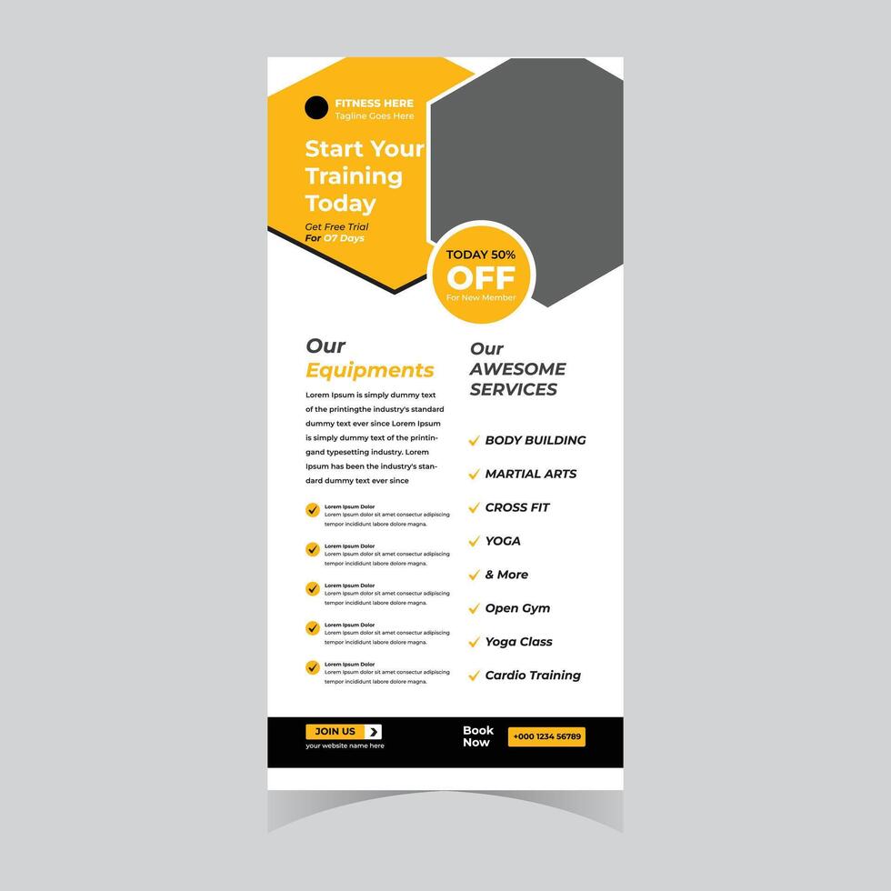 Start Your Fitness Training Today Enticing Gym Flyer with 50 Off, Featuring Awesome Services and Equipment vector