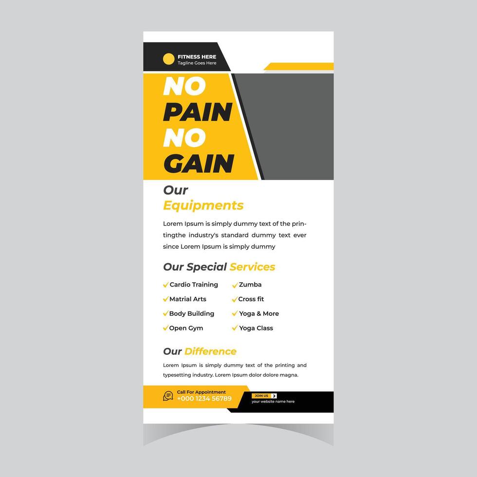 Motivational Fitness Flyer Design No Pain No Gain Gym Services and Equipment in Yellow and vector