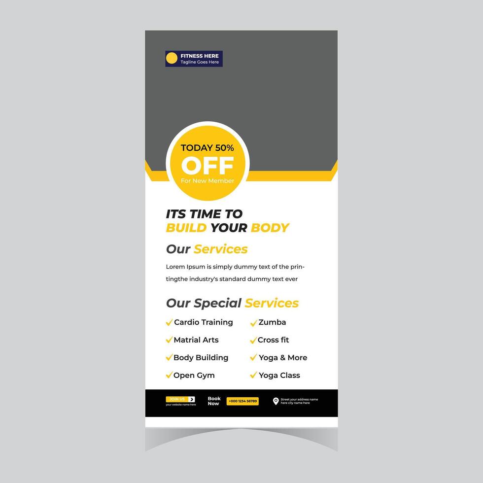 Build Your Body 50 Off Fitness Services Roll-up Banner for New Members with Cardio, Yoga, and More vector