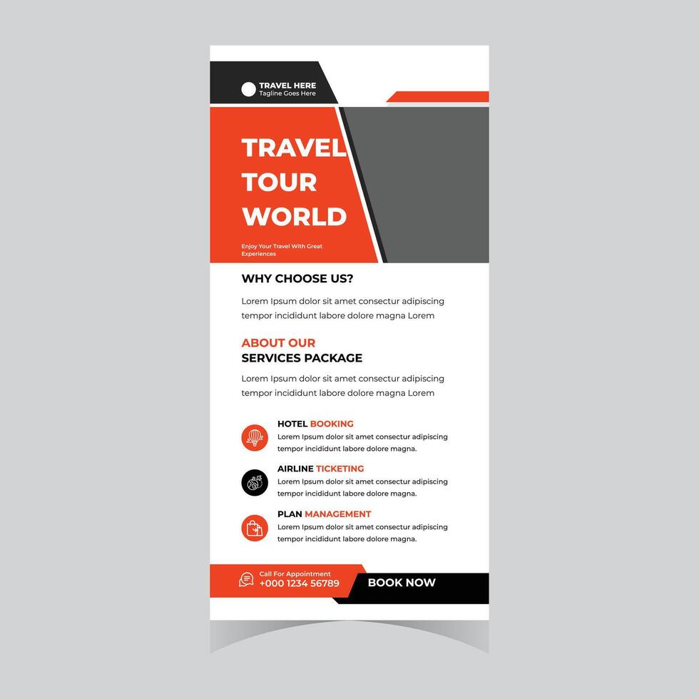 Modern Travel Tour World Engaging Roll-Up Banner Design for Booking Hotel, Airline Tickets, and Trip Planning Services vector
