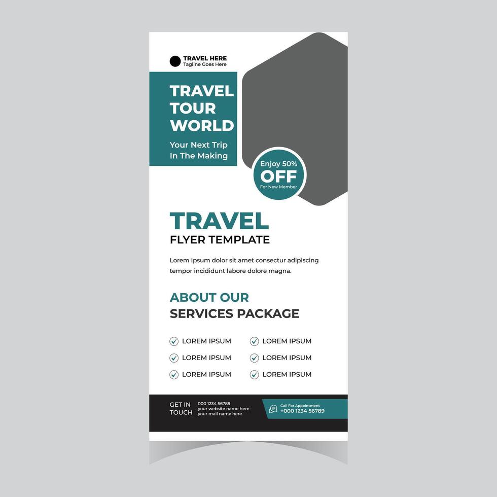 Modern Travel Flyer Template Stylish Design for World Tour Packages, Attractive 50 Off Discount Offer vector