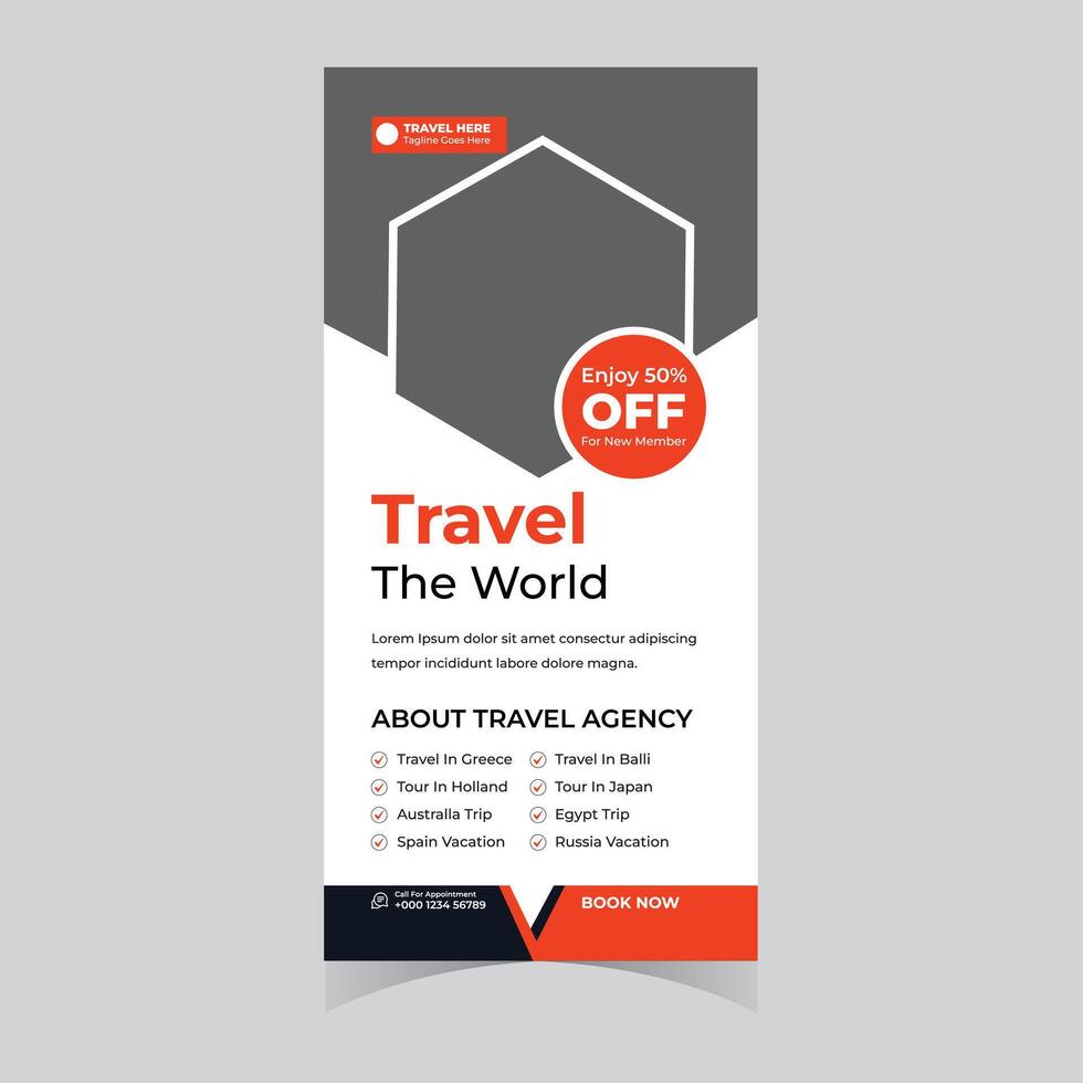 Exciting World Travel Agency Roll-up Banner Ad 50 Off for New Members, Book Your Dream Vacation Now vector