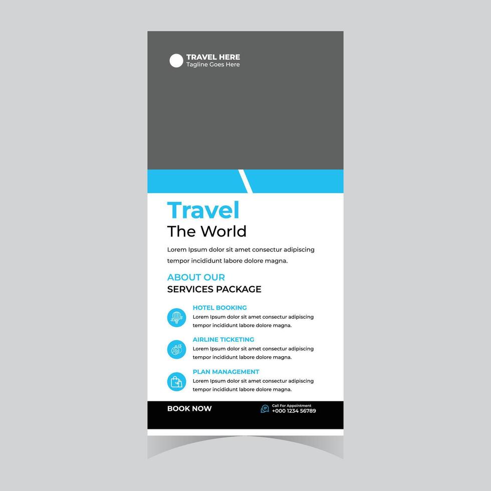 Modern Travel Agency Roll-Up Banner Design Book Your Worldwide Adventure Today with Exciting Packages - Professional digital artwork with vibrant colors and detailed composition vector