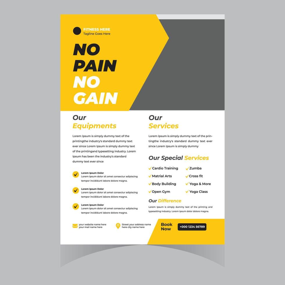 Motivational Fitness Flyer Template No Pain No Gain Gym Services and Equipment Advertisement - Professional digital artwork with vibrant colors and detailed composition vector