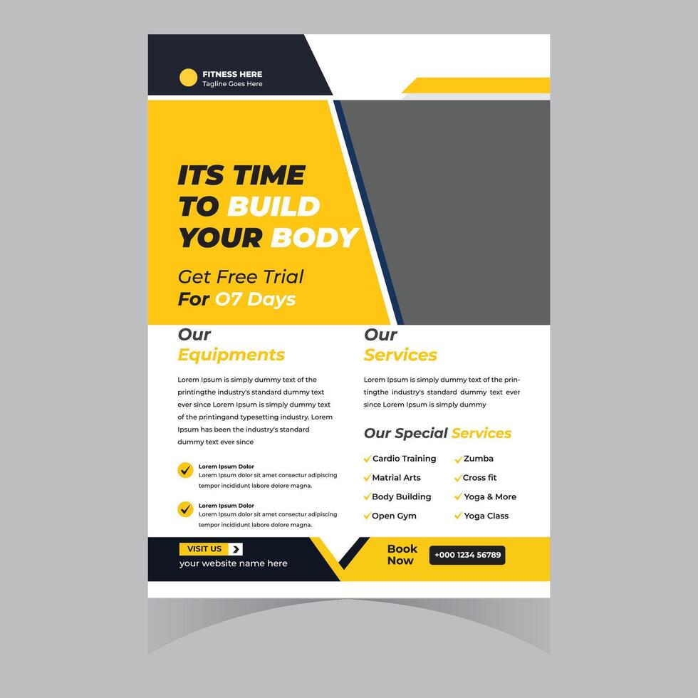 Motivational Fitness Flyer Build Your Body with a 7-Day Free Trial at Our Gym, Featuring Cardio, Yoga, and More vector