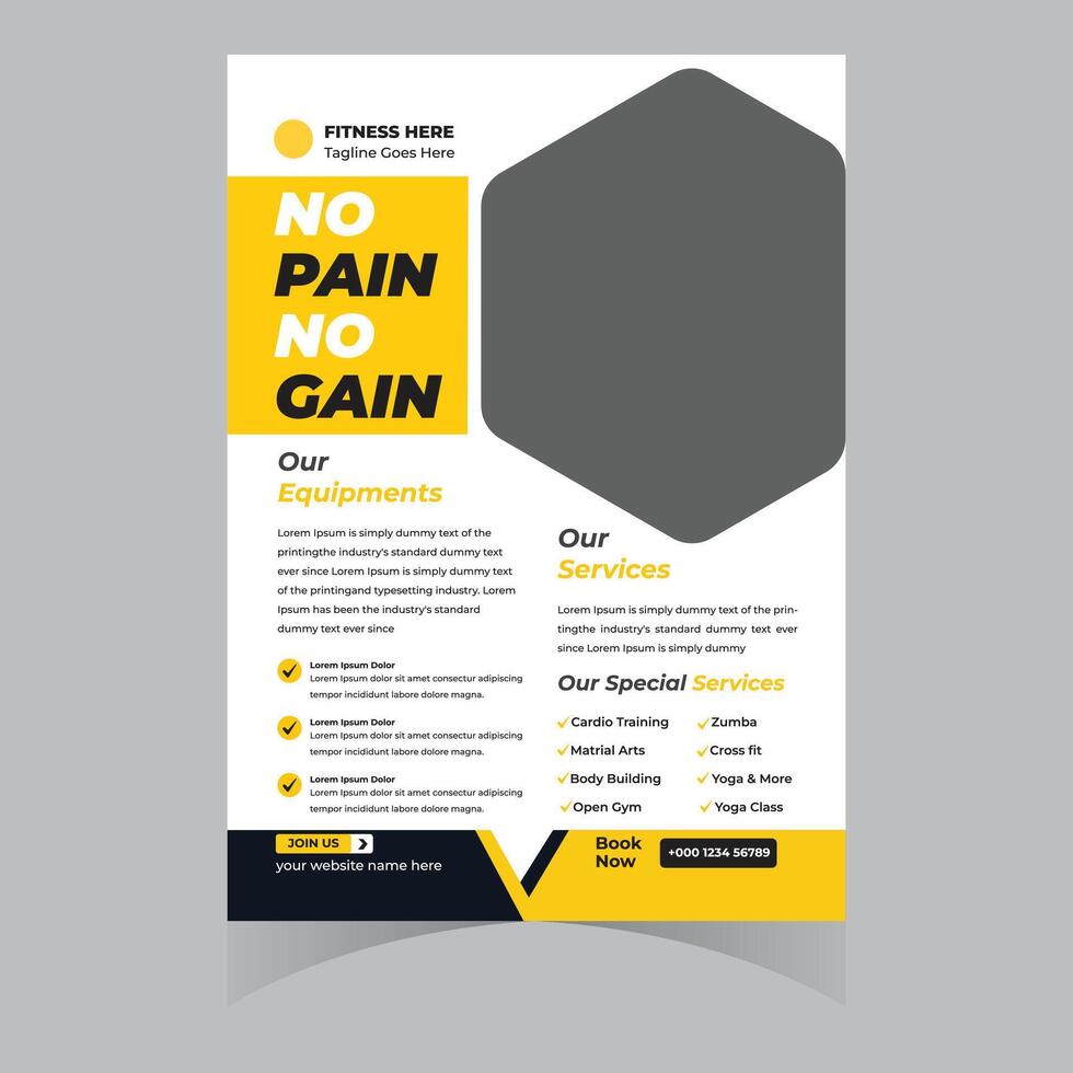 Motivational Fitness Gym Flyer Template No Pain No Gain Workout Services and Equipment, Modern Design vector