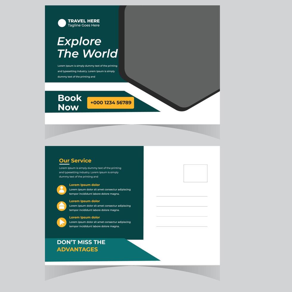 Stylish Teal and Gray Travel Postcard Design Explore the World, Book Now, Exciting Adventures Await vector