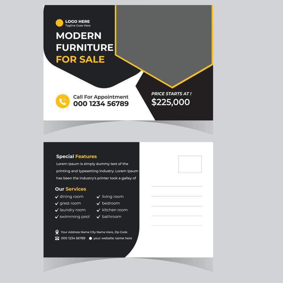 Stylish Modern Furniture for Sale Postcard Design Elegant Black and Yellow Theme with High-End Property Features vector
