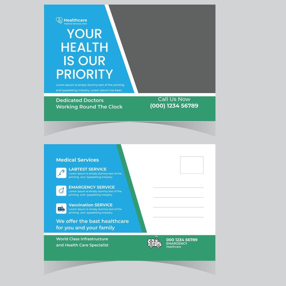 Professional Healthcare Postcard Design Dedicated Doctors Providing 247 Emergency, Lab, and Vaccination Services with a Calm and Reassuring Mood vector