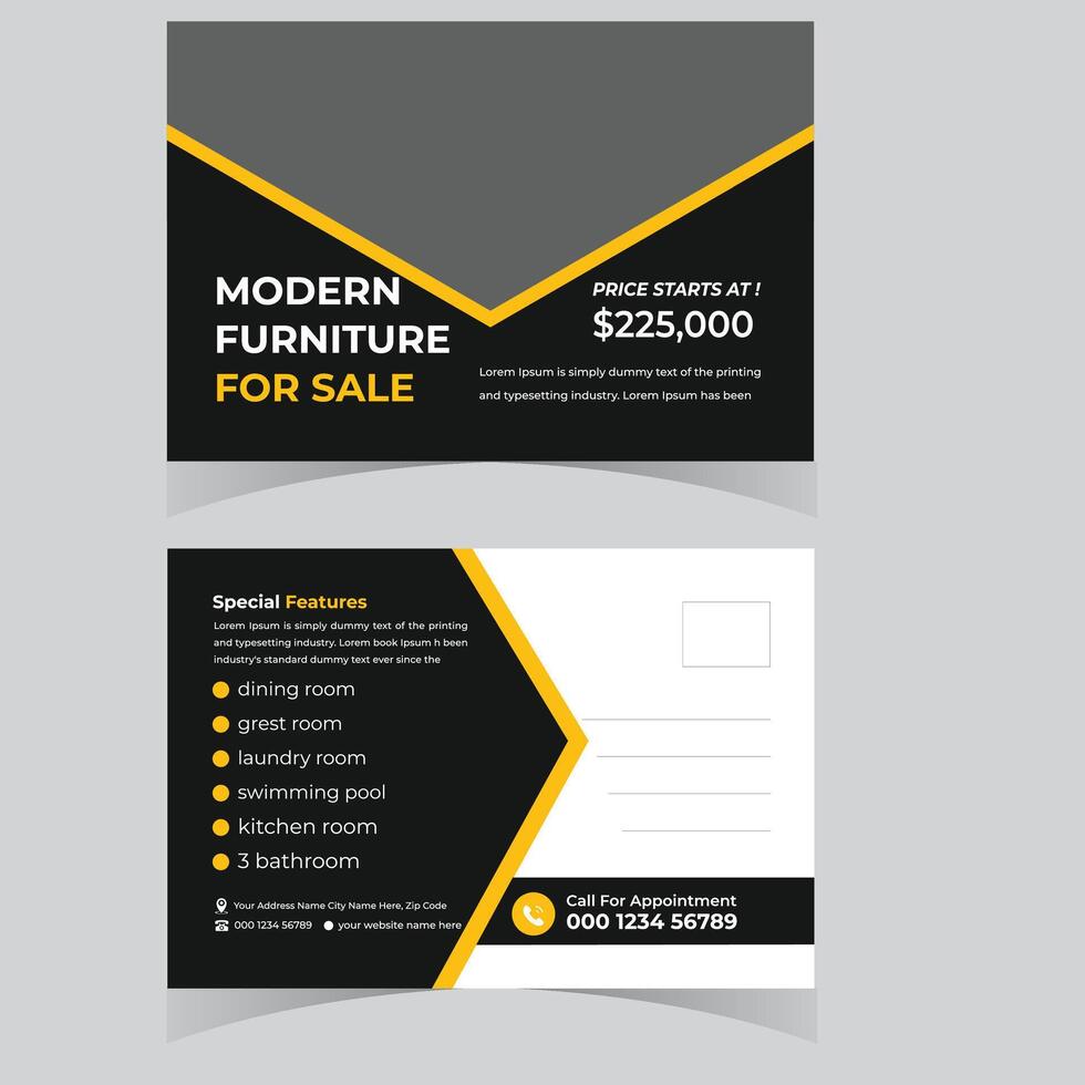 Modern Luxury Furniture for Sale Elegant Postcard Design Showcases Stunning Home Features, 225,000 - Professional digital artwork with vibrant colors and detailed composition vector
