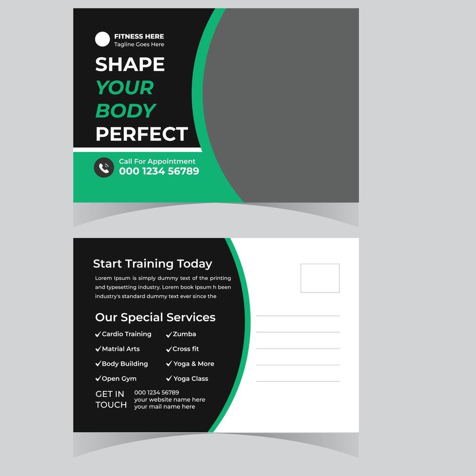 Stylish Fitness Postcard Design Shape Your Body Perfect with Cardio, Yoga, and More in a Motivational Green and Black Theme vector