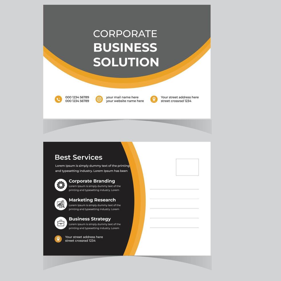 Professional Modern Corporate Business Solution Postcard Template Design with Elegant Yellow and Gray Accents - Professional digital artwork with vibrant colors and detailed composition vector