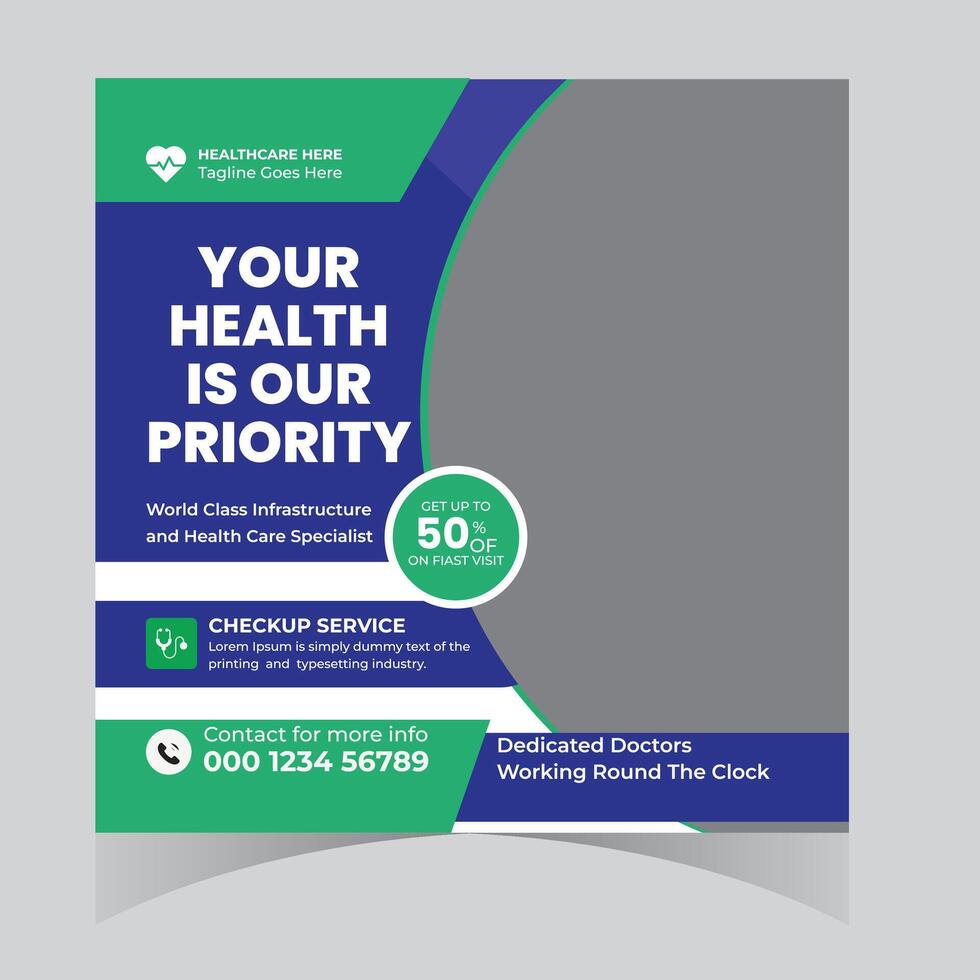Modern Healthcare Social Media Post Design Your Health is Our Priority, 50 Off First Visit vector
