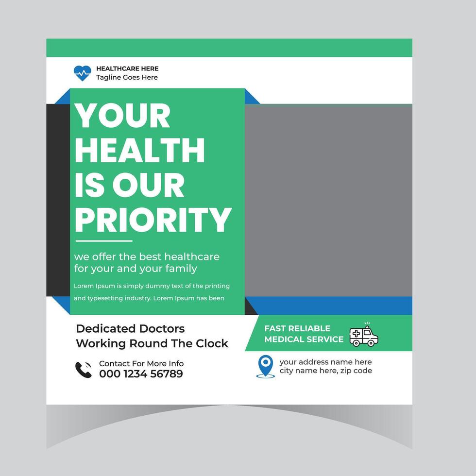 Professional Healthcare Social Media Post Design Dedicated Doctors Offering 247 Reliable Medical Service for Family Health vector