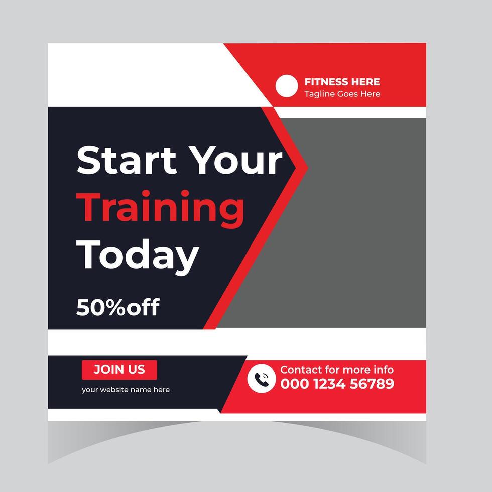 Motivational Fitness Training Social Media Post Design Start Your Workout Today with 50 Off Discount vector