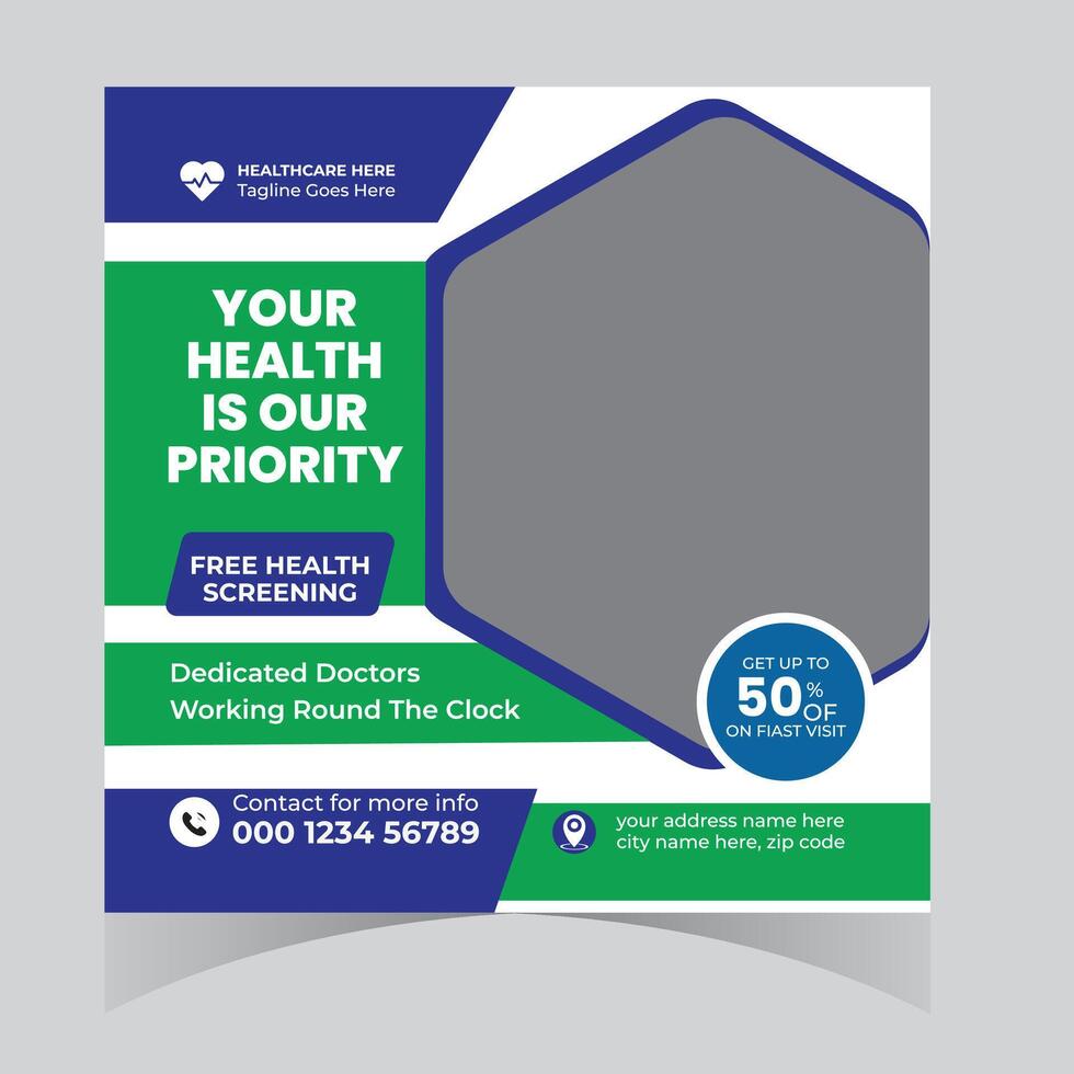 Urgent Care Health Screening Flyer Free Health Check-up with Dedicated Doctors Working 247, 50 Discount on First Visit vector