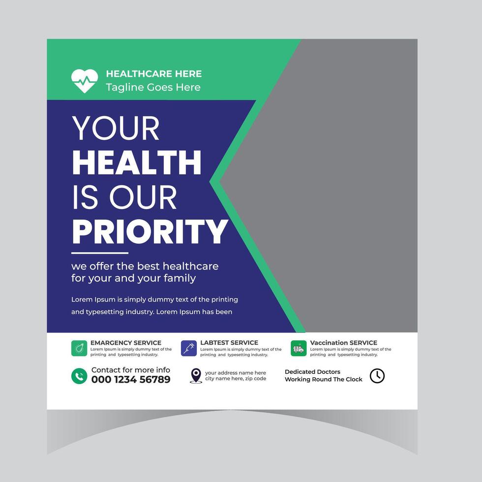 Modern Healthcare Flyer Design Promoting Family Wellness with 247 Doctor Availability and Comprehensive Services - Professional digital artwork with vibrant colors and detailed composition vector