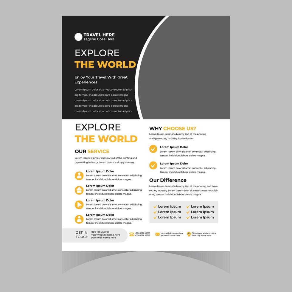 Stylish Travel Brochure Design Explore the World with Exciting Experiences, Modern Layout, and Vibrant Yellow Accents vector