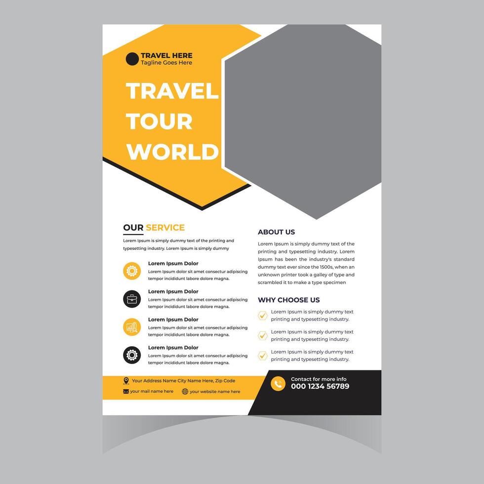 Modern Yellow and Gray Travel Tour World Flyer Template Showcase Your Global Adventure Services with Stylish Design vector