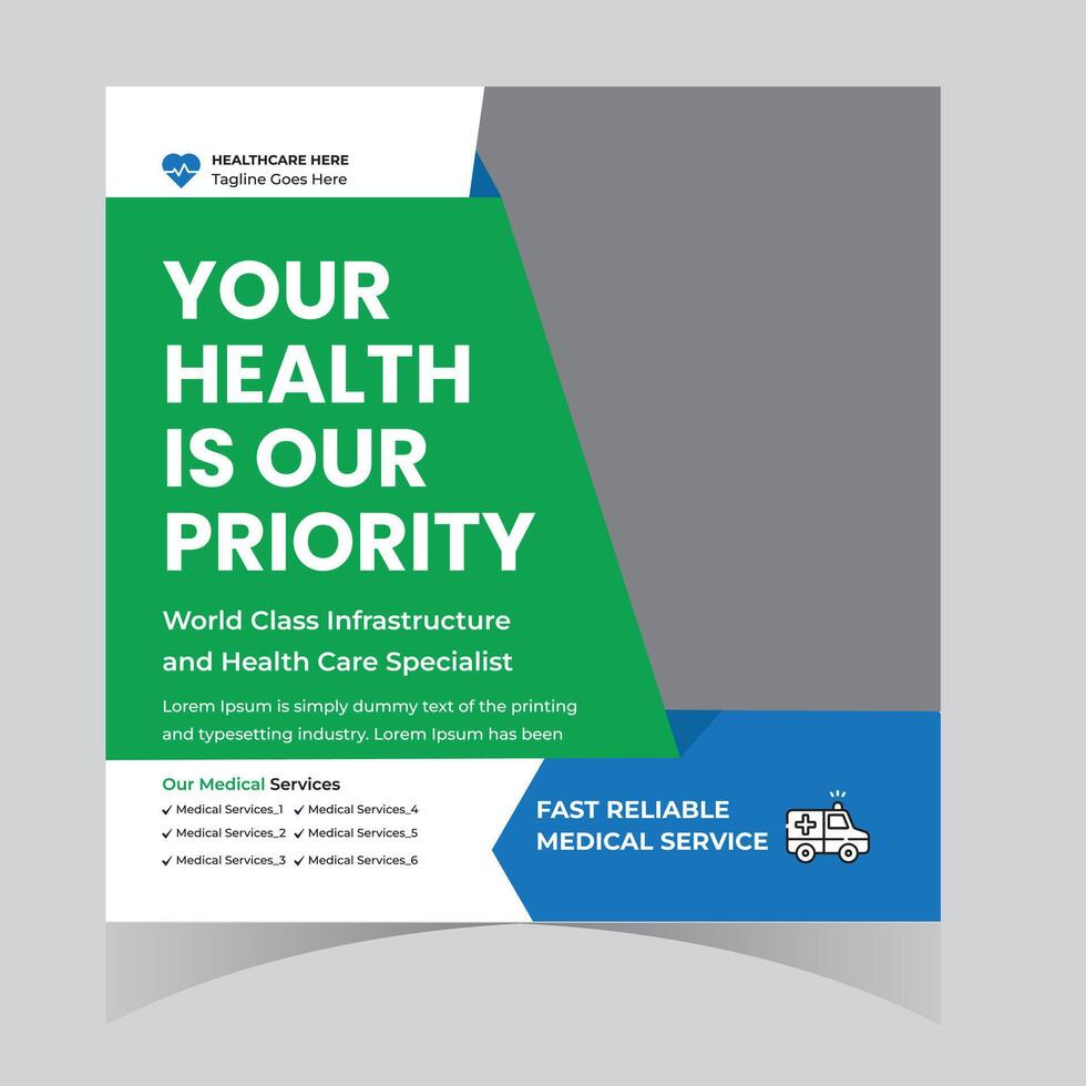 Professional Healthcare Flyer Design Prioritizing Your Health with World-Class Infrastructure and Specialist Care in a Modern, Reassuring Style vector