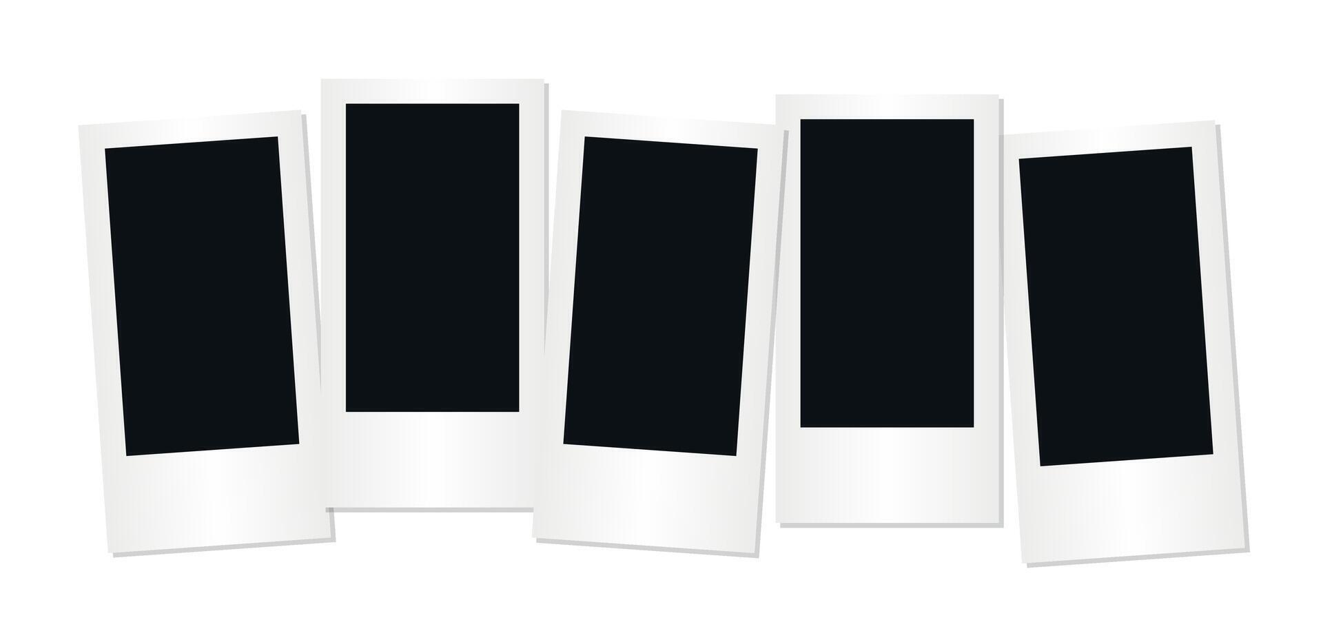 Collection of five black filled retro instant photo frames arranged in row on transparent background vintage layout mockup memory template for editable photo collage content nostalgic photography vector