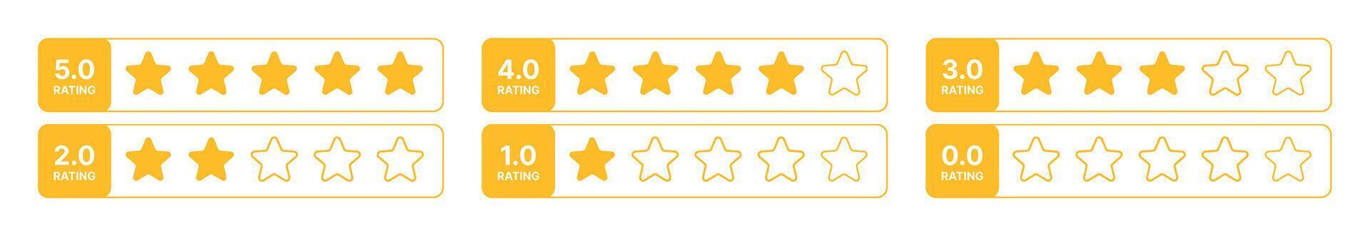 rating stars set from zero to five with yellow rating labels, different star fill levels, customer satisfaction icons, user review elements, feedback ranking symbols on transparent background vector