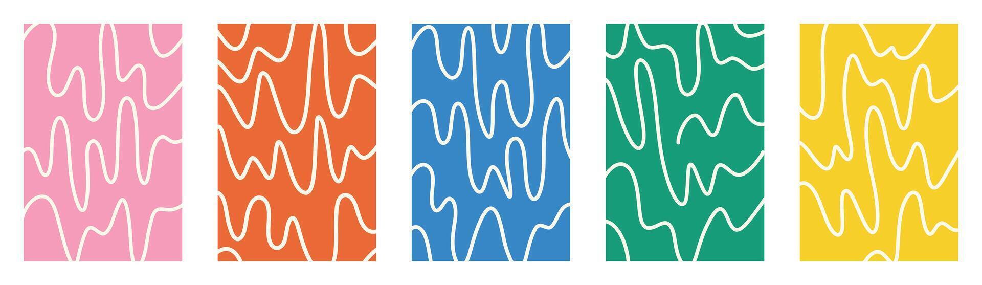 Childish doodle funky jagged wave pattern stripes. Groovy uneven curved shapes. Abstract playful warped fluid design. Colorful hand drawn creative backgrounds. Retro 90s squiggle style set. vector