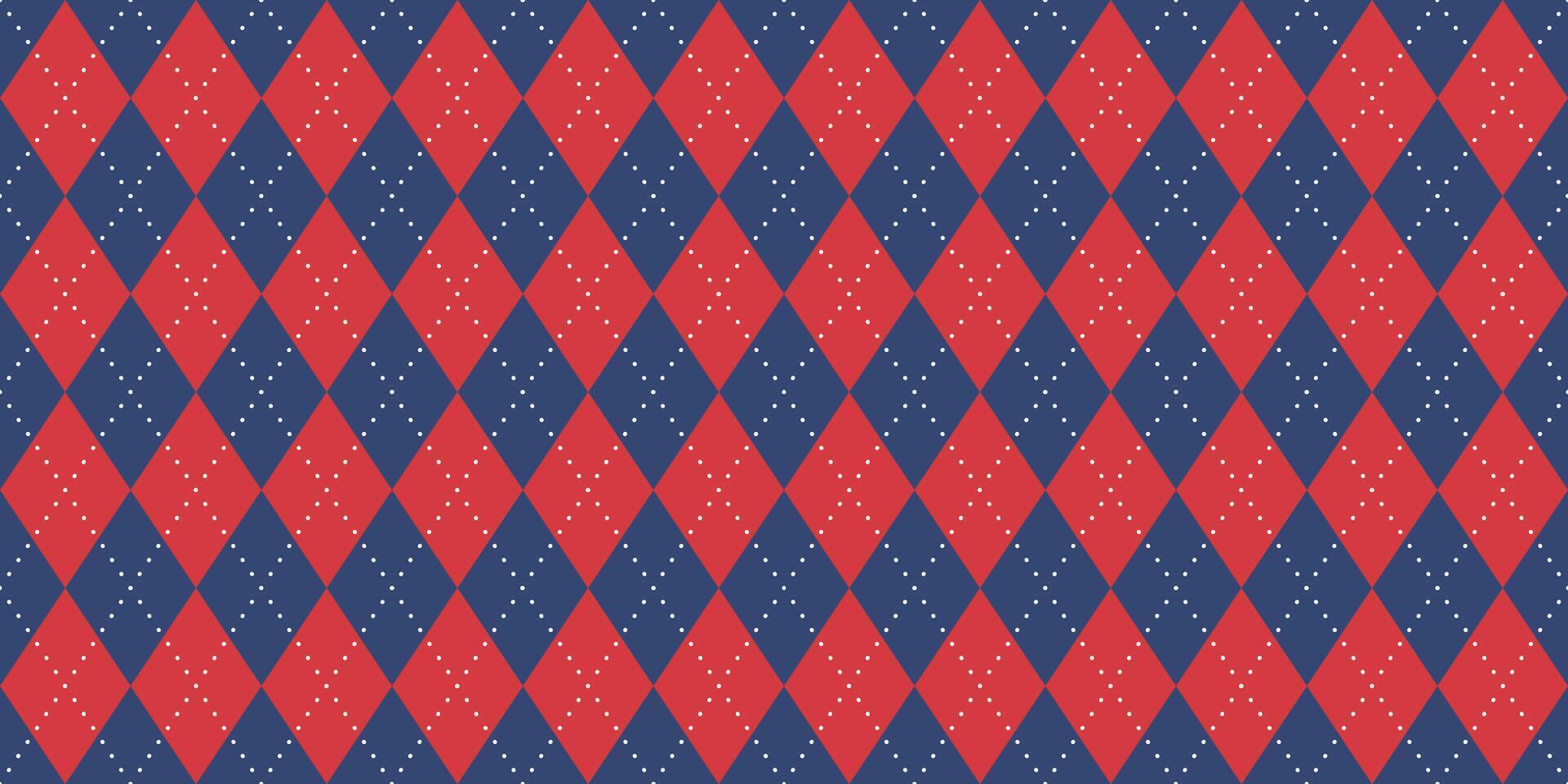 Seamless pattern red blue argyle diamond check textile background geometric repeat design festive dotted Christmas winter cozy traditional vintage style stitched modern apparel classic vector