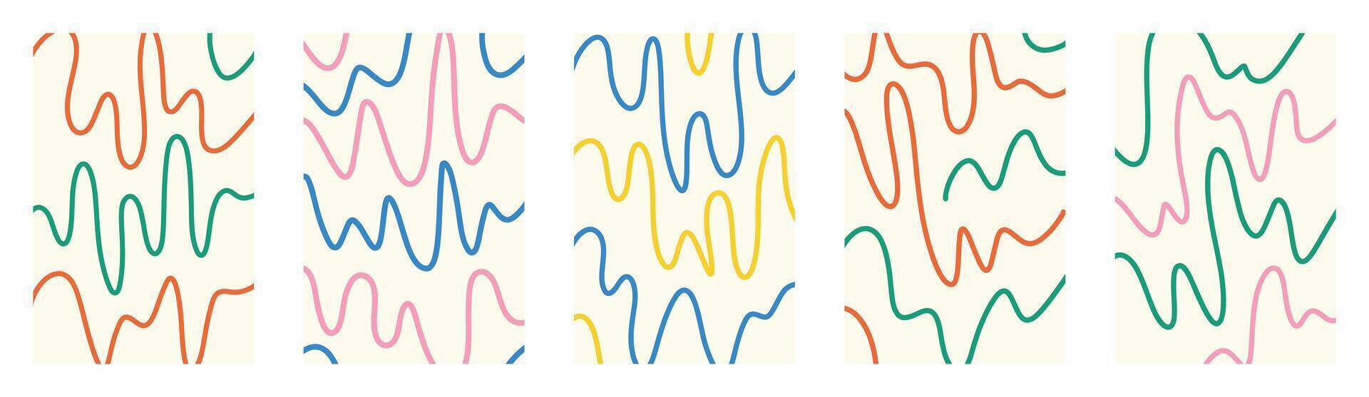 Abstract groovy child doodle wavy jagged maze shapes. creative squiggle lines design. Playful colorful hand drawn pattern. Orange green pink blue yellow curvy backgrounds. Funky kids art set. vector