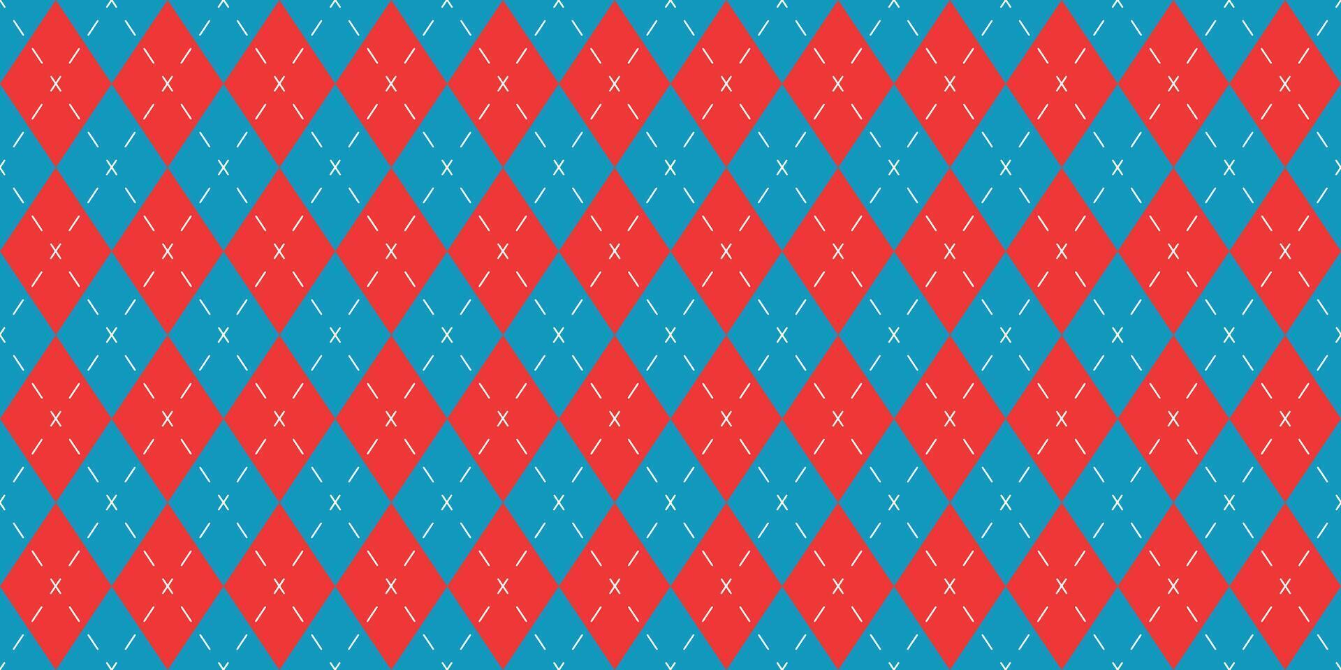Seamless pattern with red and blue argyle diamonds and white stitched accents, festive geometric design symbolizing Christmas and winter, ideal for fabrics, crafts, backgrounds, wrapping vector