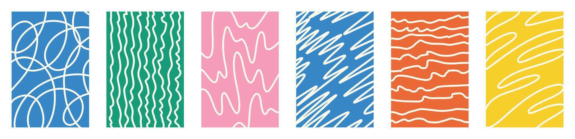 Playful kid doodle art backgrounds. Bright funky scribble shapes, hand drawn wavy stripes, organic distorted lines, creative child sketch style, colorful swirl maze ripple curves squiggle lines vector