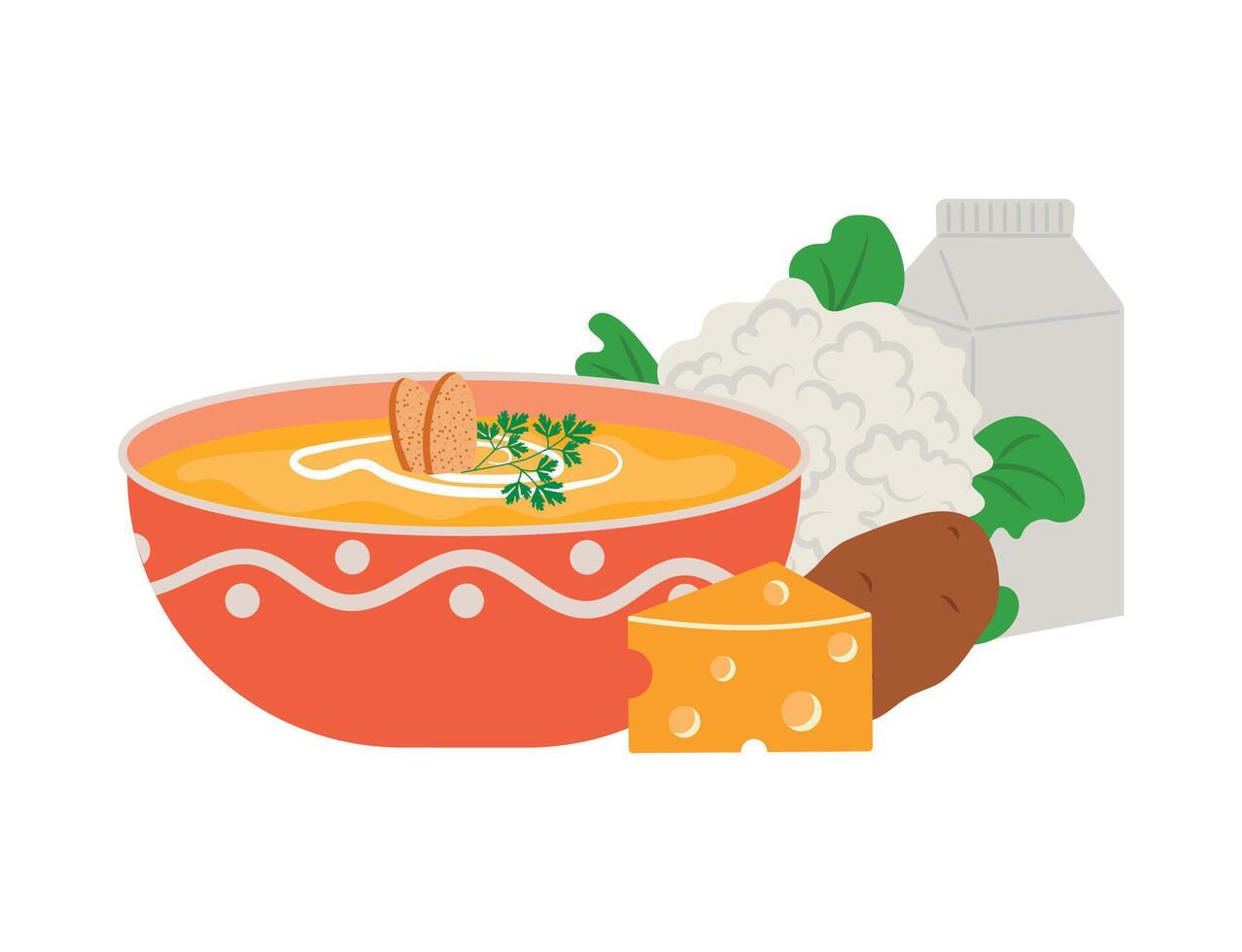 Cheese soup in a beautiful glass or ceramic plate with a pattern. Colored icon vector