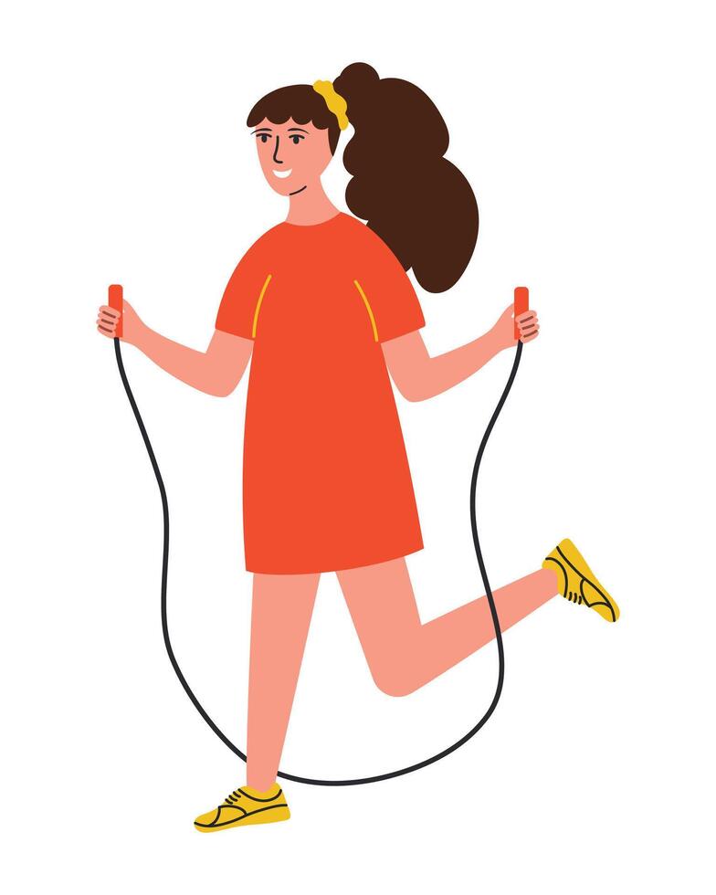 Teenage girl on a skipping rope. illustration of an active lifestyle, playing outdoors vector