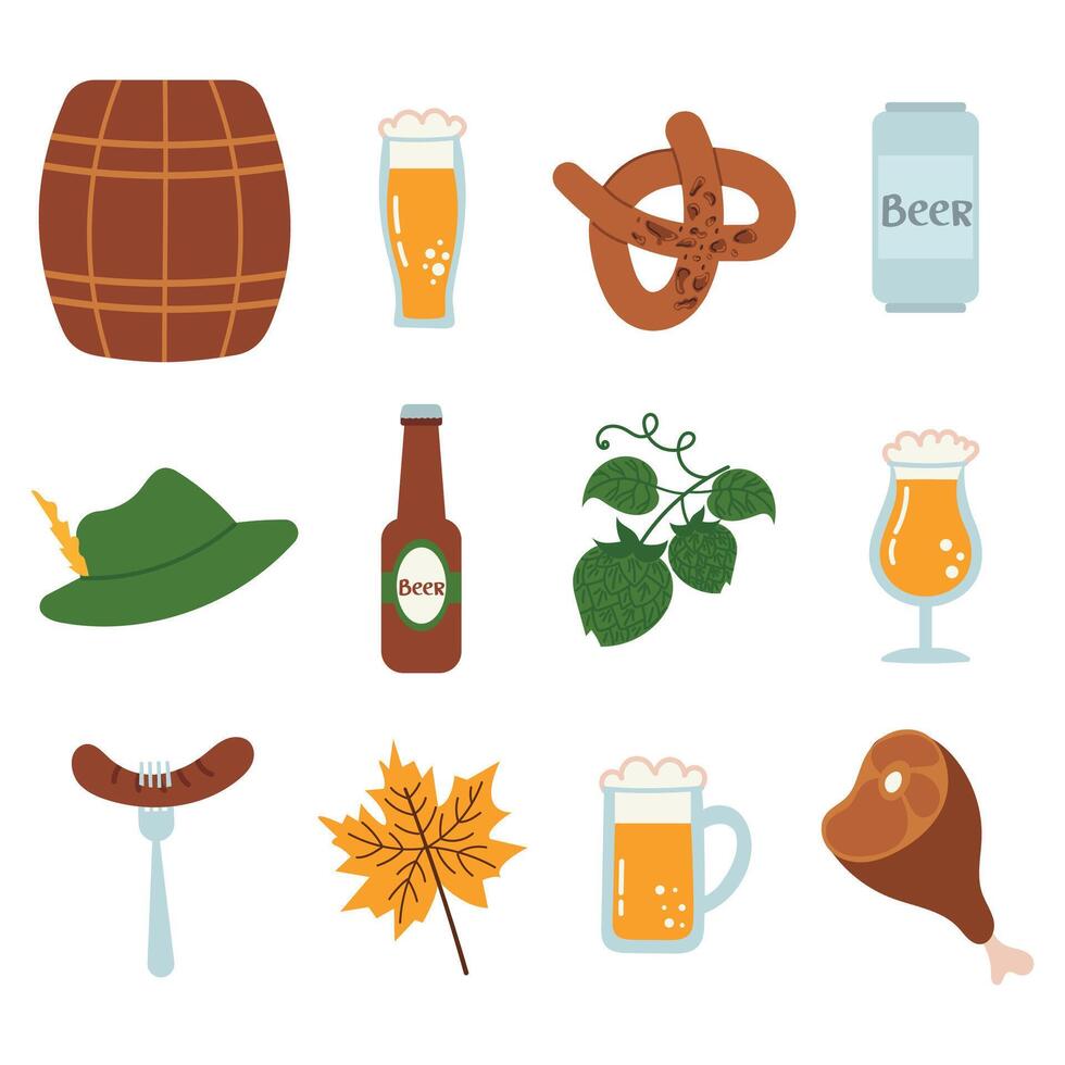 Beer, pretzels, and autumn food icons vector