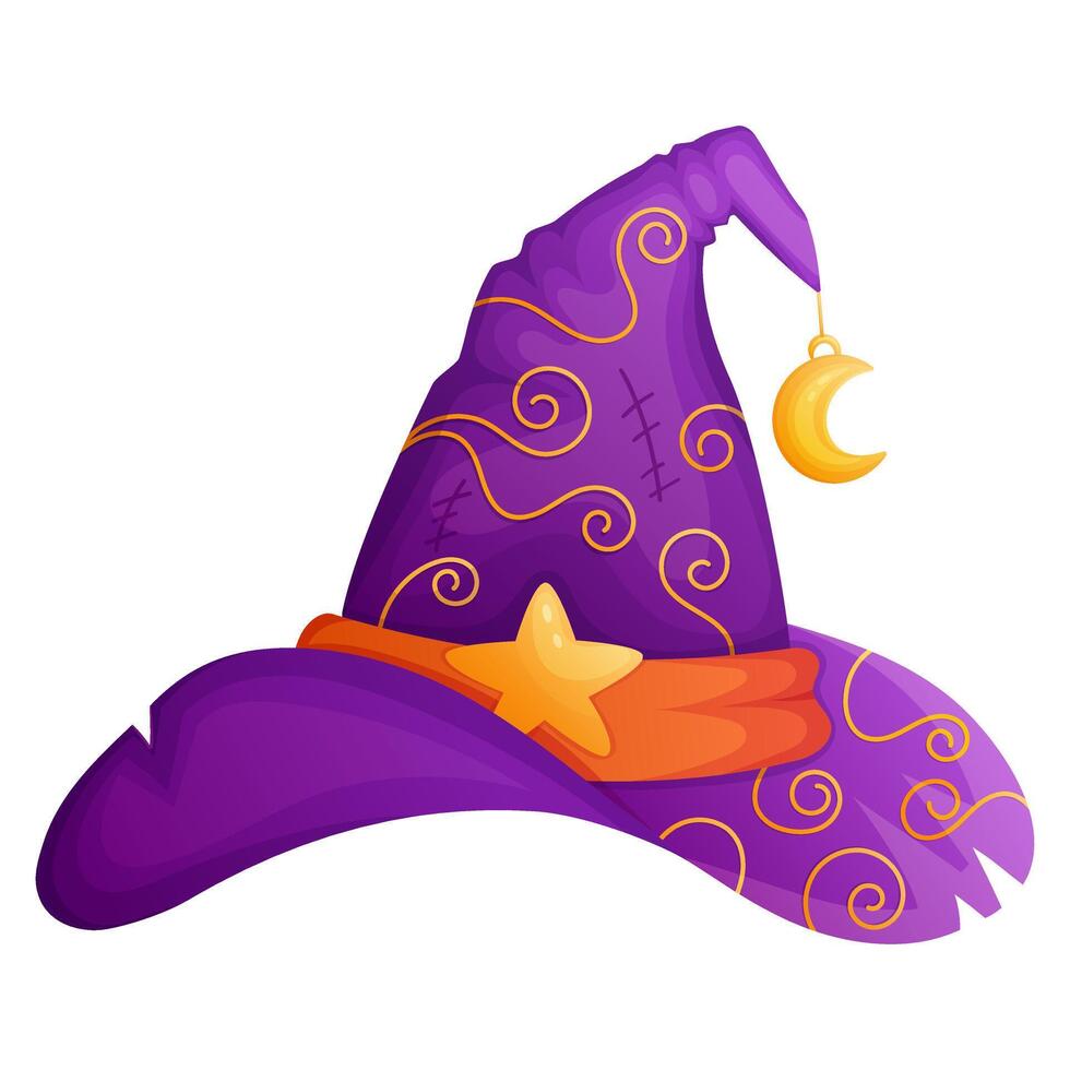 Witch hat cartoot illustration decorated with star and moon. Halloween poster, banner, card, game design element. Magical fantasy accessory. vector