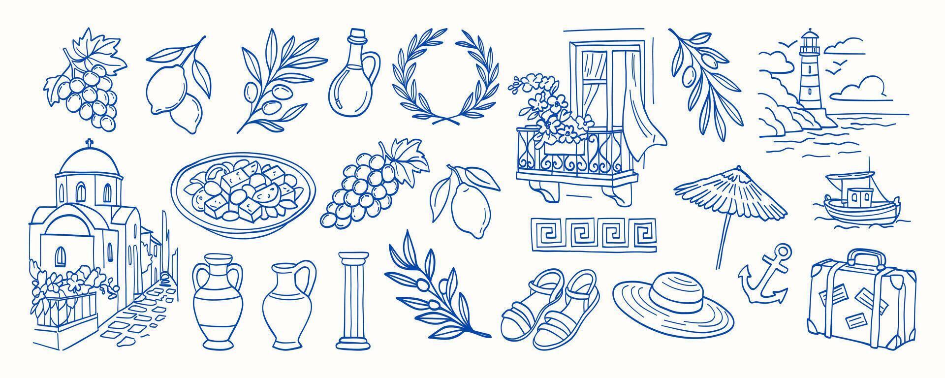 A blue and white image of various food items and objects, including a vase, a bowl, a bottle, a lemon, a grape, an umbrella, a boat, and a suitcase vector