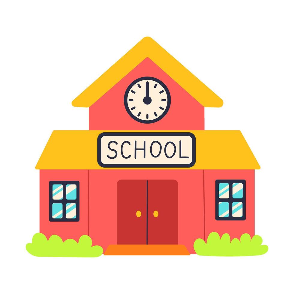 A red school building with a clock on the front vector