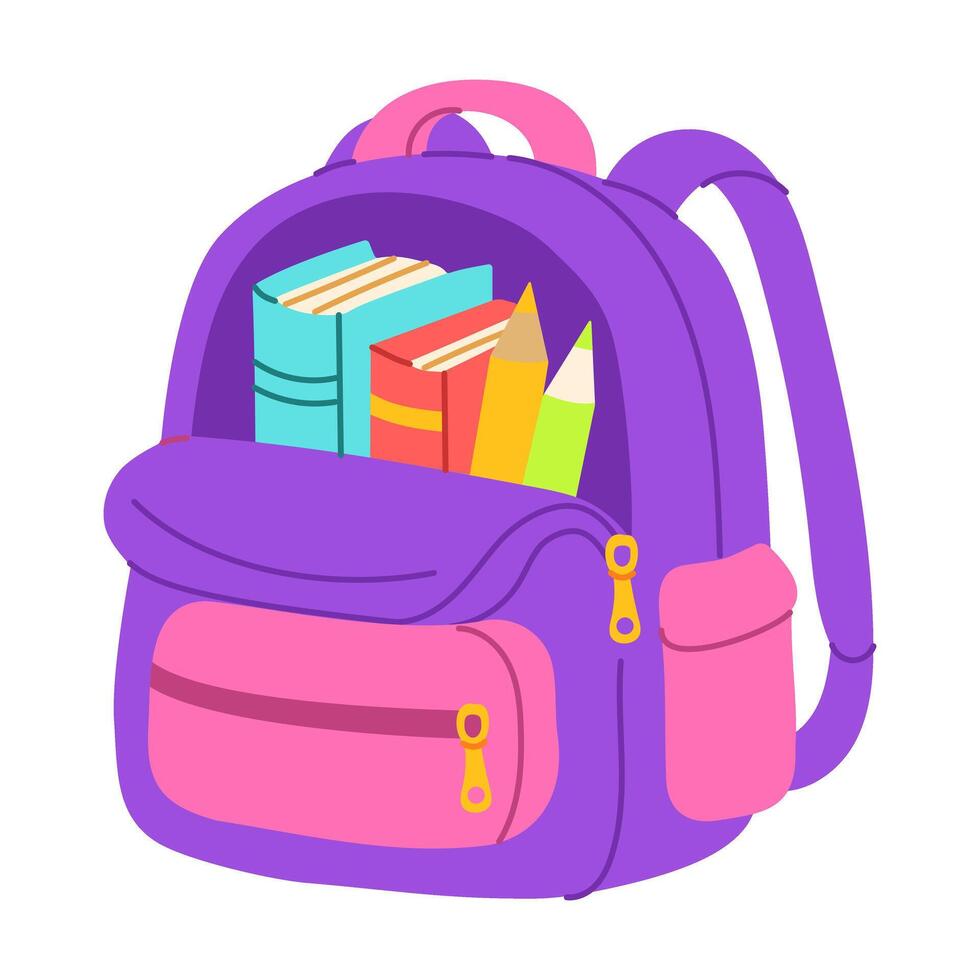 A purple backpack with books and pencils inside. The books are of different sizes and colors vector