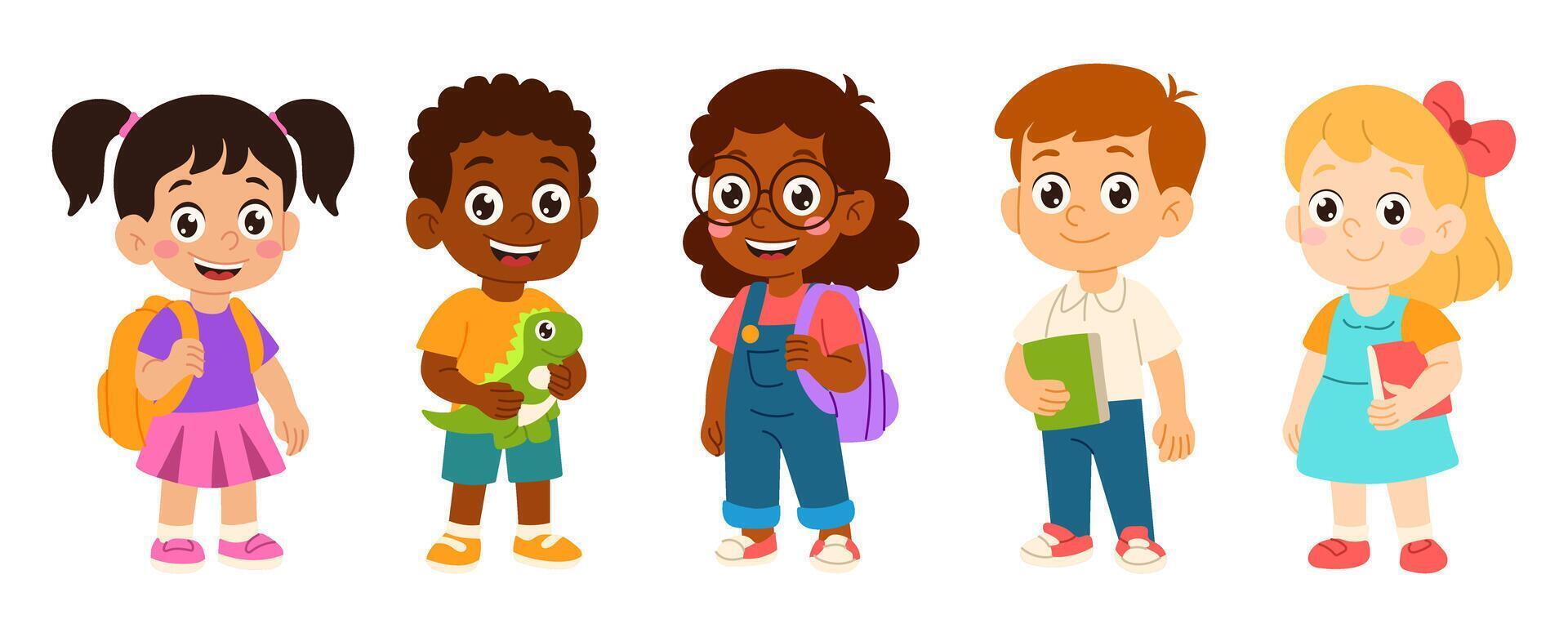 Kids with backpacks and toys vector
