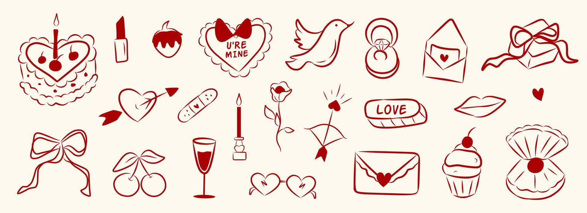 Set of hand drawn cute elements for Valentines day, wedding invitation, birthday card. Girly bows, hearts, ribbons, cherry, cake, heart frame, strawberry. Vintage elegant coquette art illustration. vector