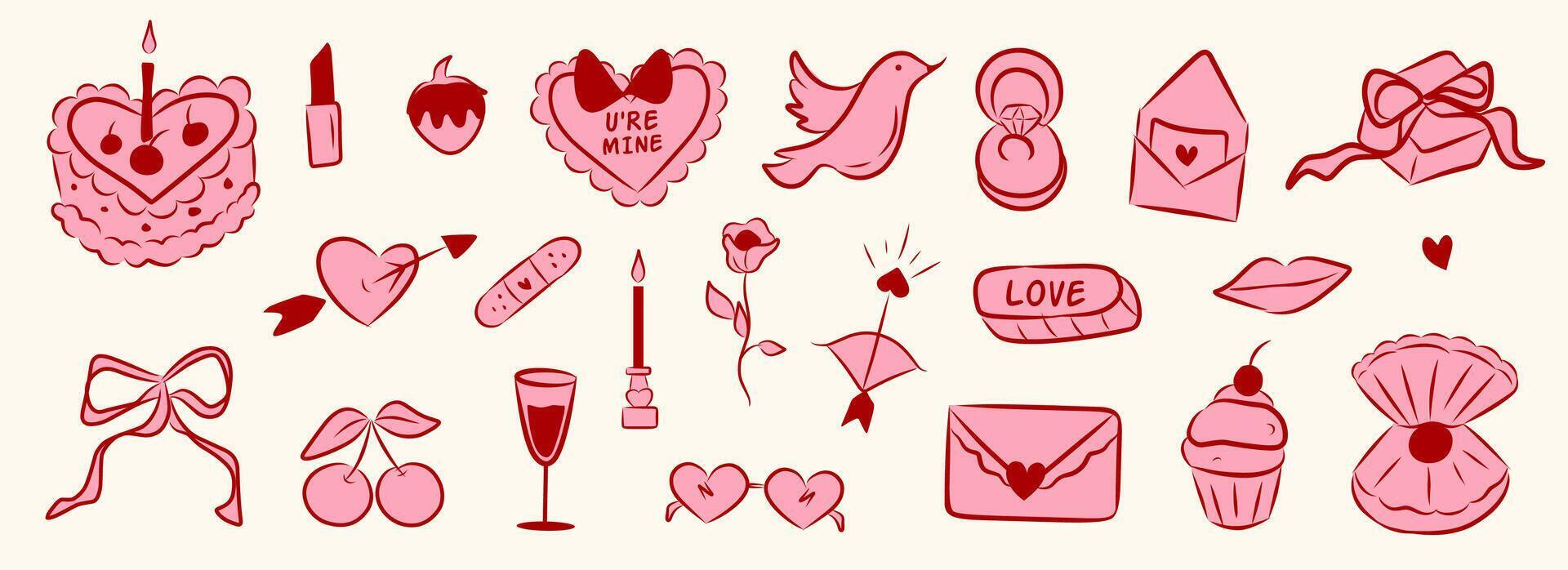 Set of hand drawn cute elements for Valentines day, wedding invitation, birthday card. Girly bows, hearts, ribbons, cherry, cake, heart frame, strawberry. Vintage elegant coquette flat illustration. vector