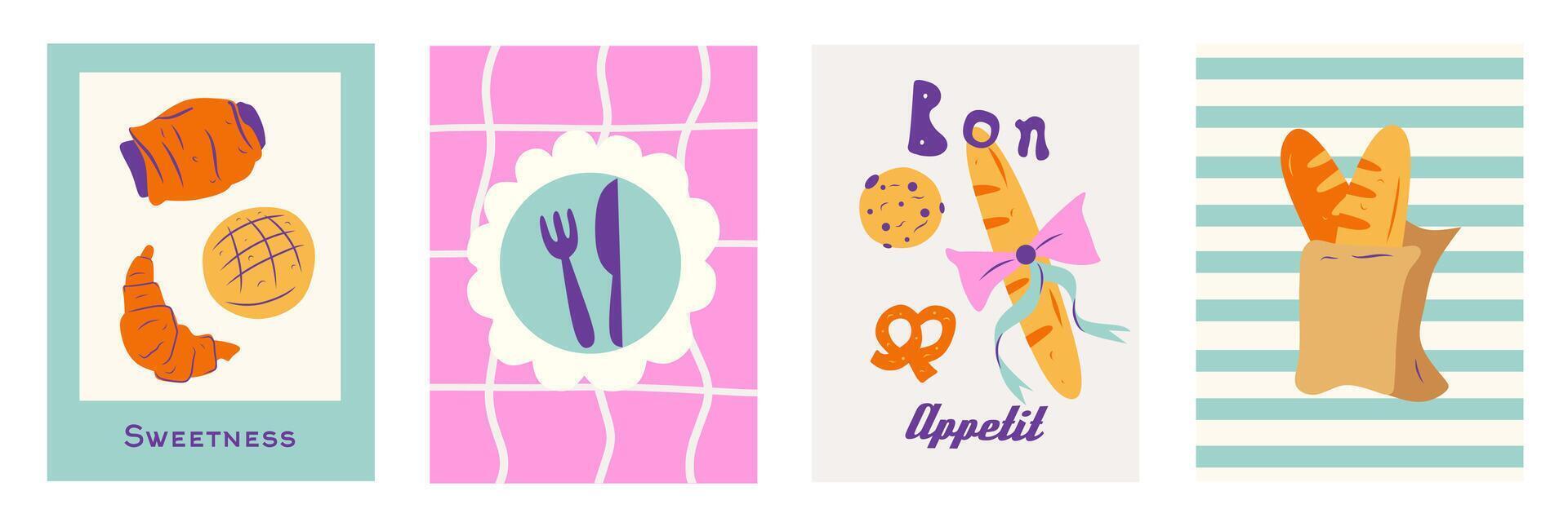 Collection of Retro Kitchen wall art. Cute food Poster template. Interior posters set. Editable fun illustration. Vintage wall decor frame. Pastry bakery doodle inspiration for cafe menu design. vector