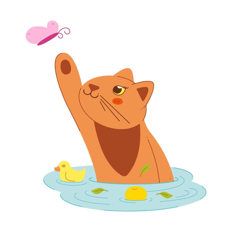 A cute cat catches a butterfly in the water. Color clip art for your projects. vector