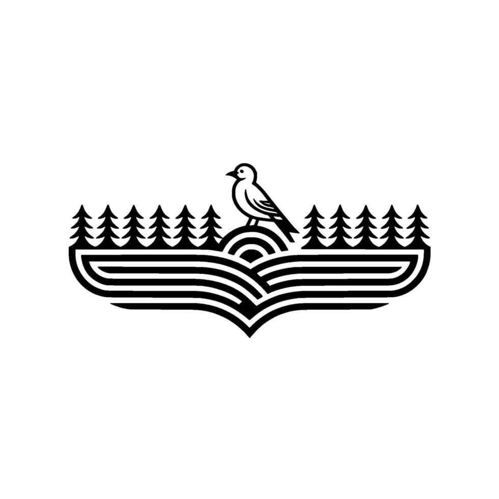 Serene Woodland Emblem Bird Horizon Silhouette vector