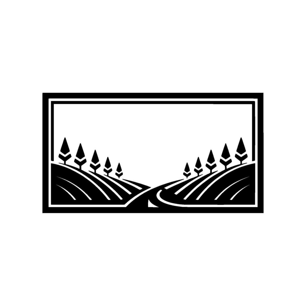 Minimalist Landscape Emblem Serene Hills Trees, Silhouette vector