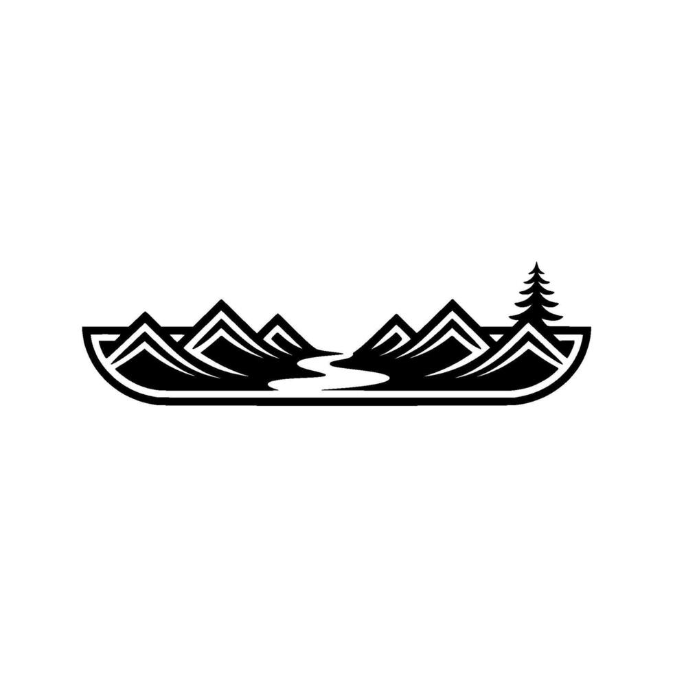 Mountain River Silhouette, Rustic Wilderness Emblem, Mountains vector