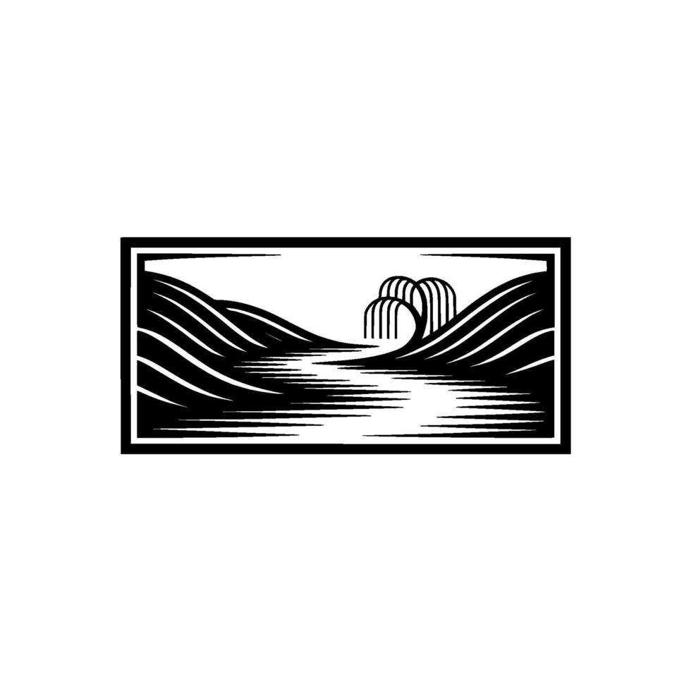Coastal Silhouette, Serene Horizon, Black White Emblem vector